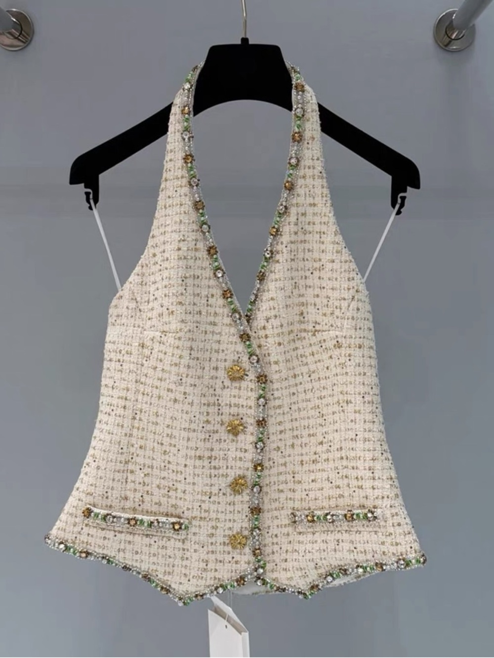 Designer Luxury Beaded Tweed V-Neck Vest in Cream and Gold - Picture 9 of 9